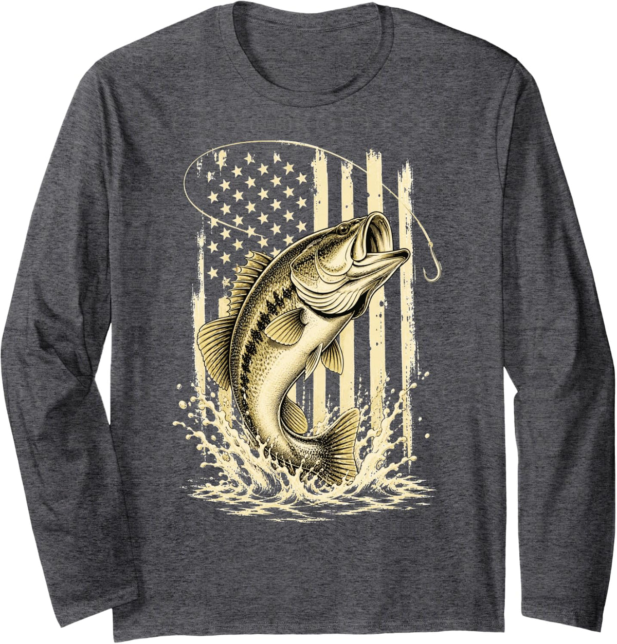 Bass Fishing American Flag Bass Angler Long Sleeve T-Shirt - Adult Unisex Dark Heather Grey