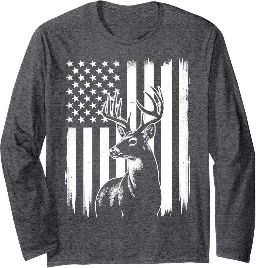 Deer Hunting USA Buck Hunter Long Sleeve T-Shirt - Adult Unisex Dark Heather Grey