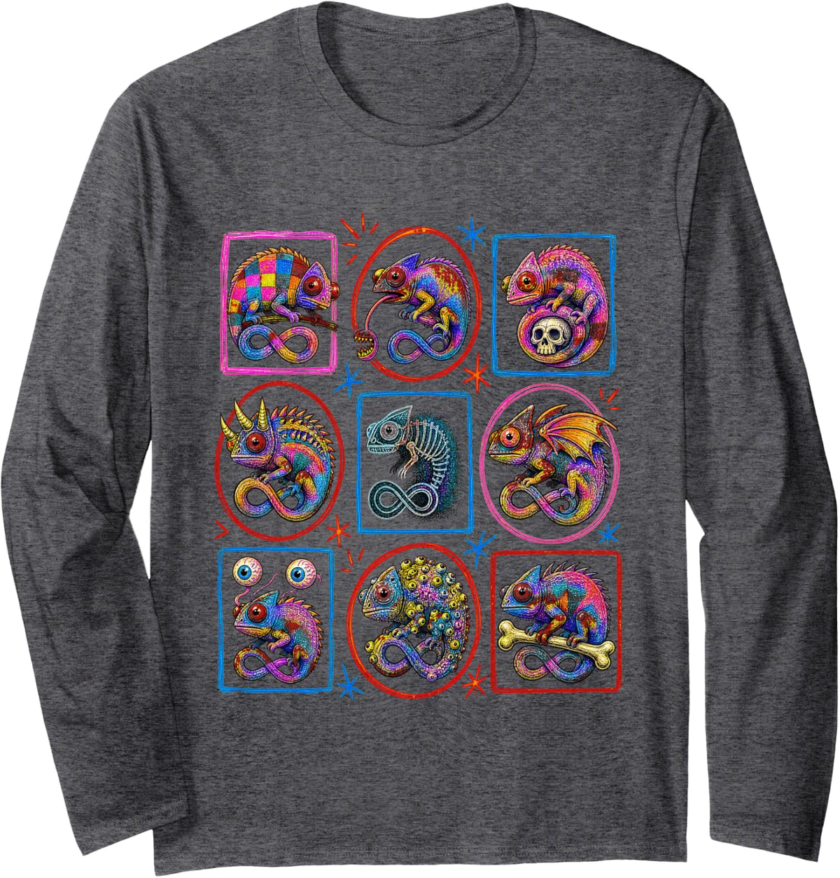 Cute Creepy Chameleon Lizard Reptile Long Sleeve T-Shirt - Adult Unisex Dark Heather Grey