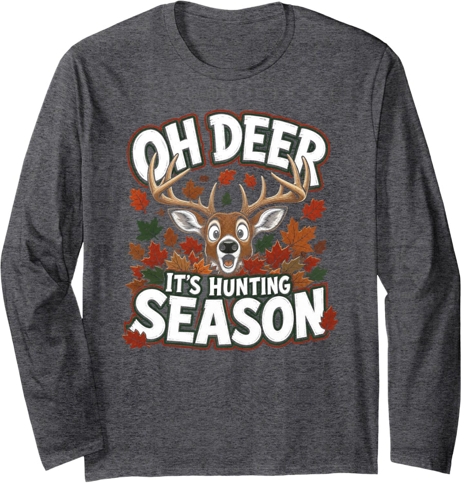 Hunting Season Autumn Whitetail Buck Long Sleeve T-Shirt - Adult Unisex Dark Heather Grey