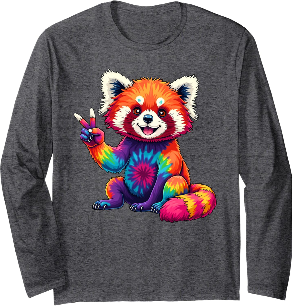 Tie Dye Red Panda Colorful Hippie Red Panda Rainbow Long Sleeve T-Shirt - Adult Unisex Dark Heather Grey
