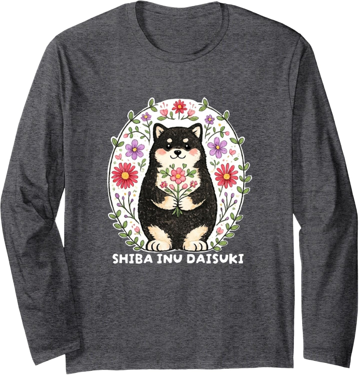 Black Shiba Dog Inu Long Sleeve T-Shirt - Adult Unisex Dark Heather Grey