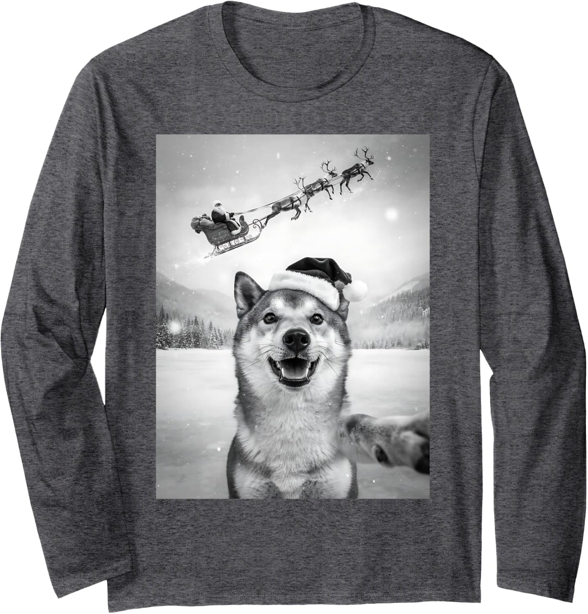 Funny Shiba Inu Christmas Selfie Santa Sleigh Dog Lover Long Sleeve T-Shirt - Adult Unisex Dark Heather Grey