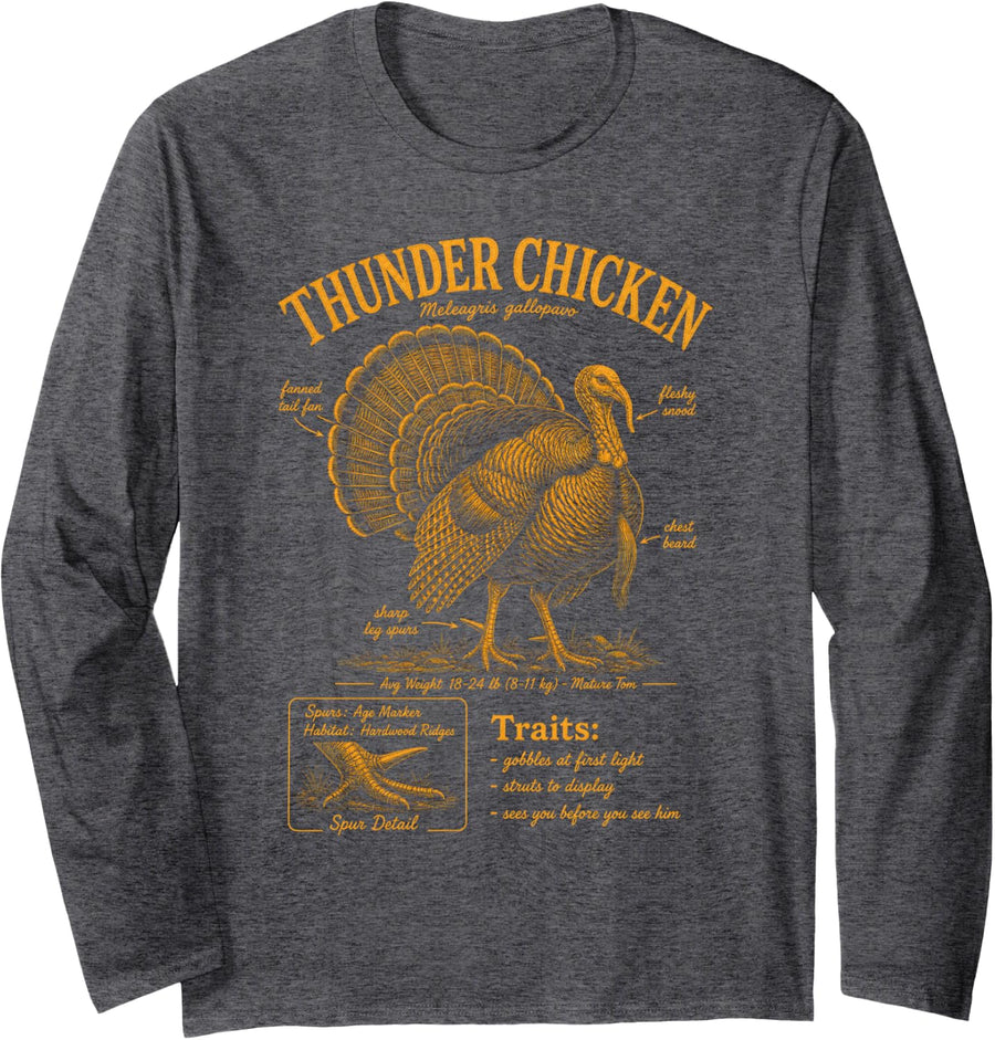 Thunder Chicken Turkey Hunting Thanksgiving Long Sleeve T-Shirt - Adult Unisex Dark Heather Grey