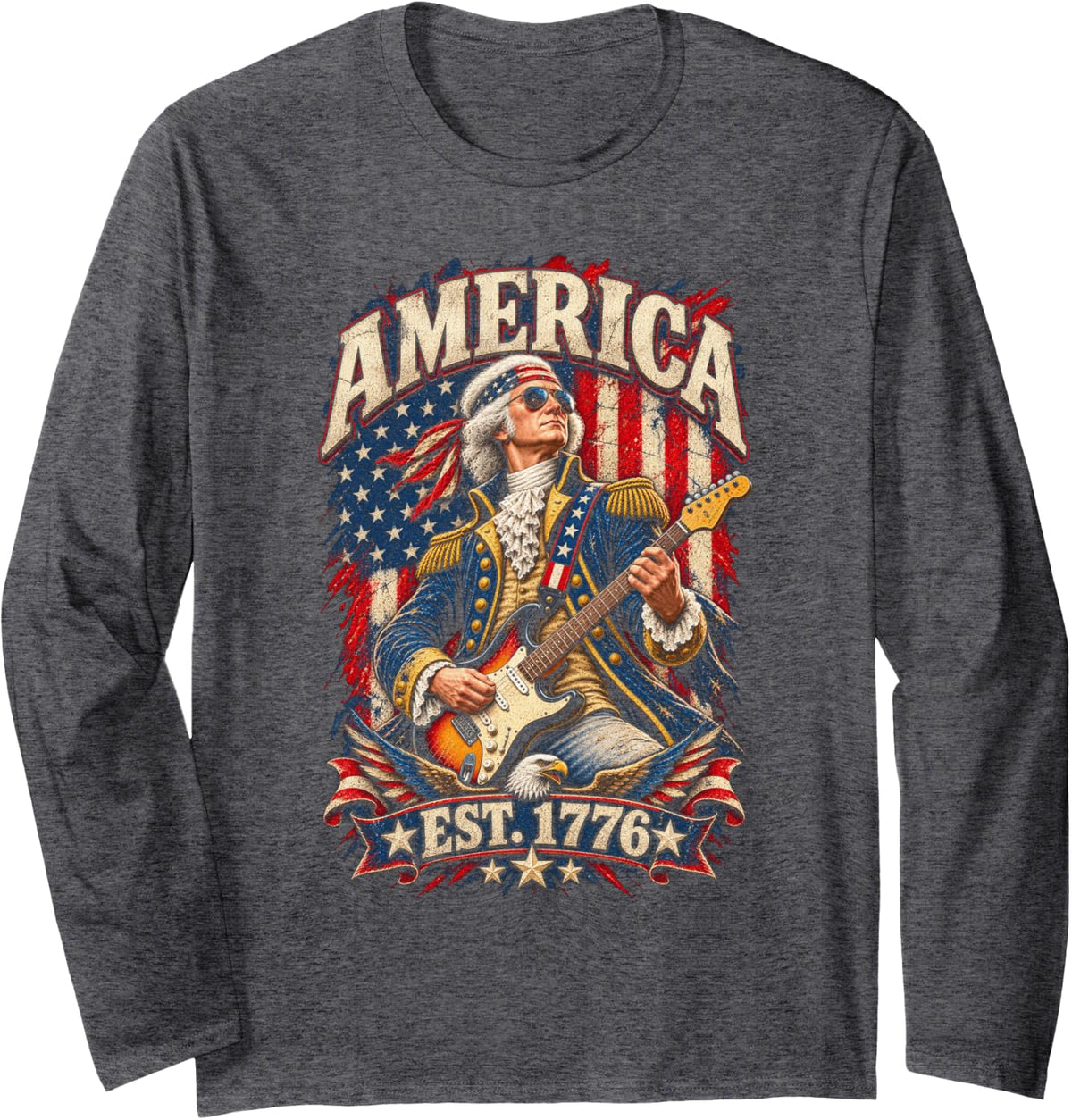 George Washington Playing Guitar Funny 4th of July President Long Sleeve T-Shirt - Adult Unisex Dark Heather Grey