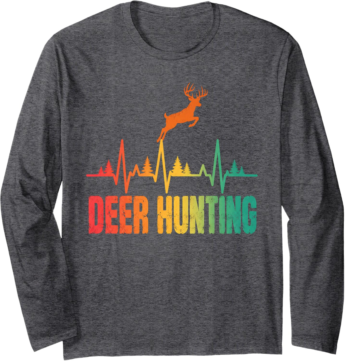 Funny Deer Hunting Heartbeat Men Women Whitetail Buck Hunter Long Sleeve T-Shirt - Adult Unisex Dark Heather Grey