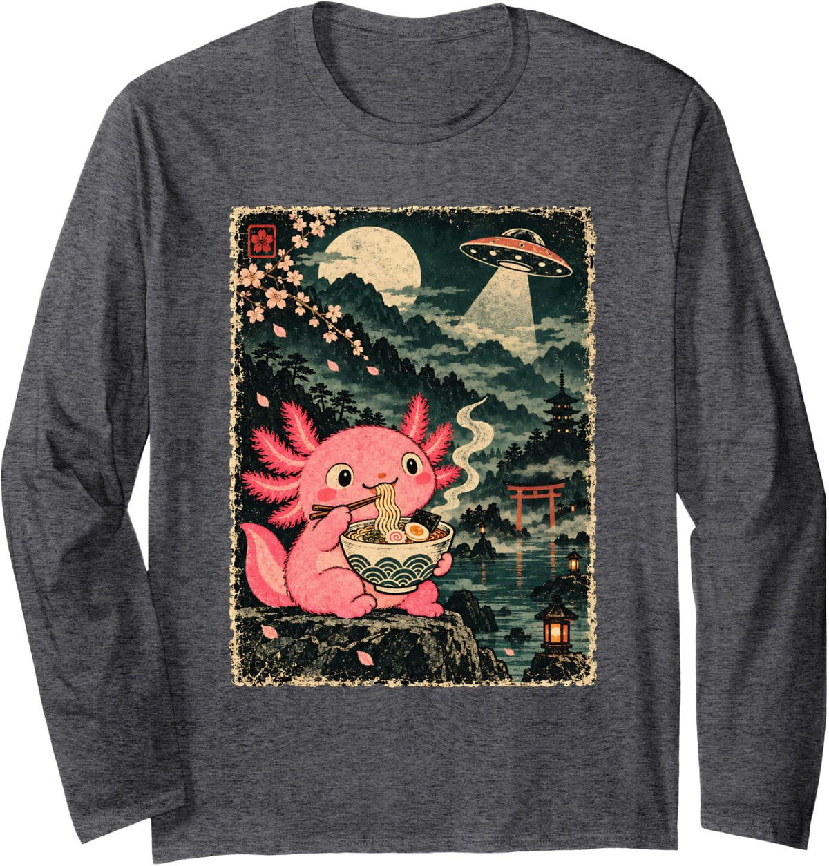 Vintage Japanese Axolotl Eating Ramen UFO Alien Abduction Long Sleeve T-Shirt - Adult Unisex Dark Heather Grey