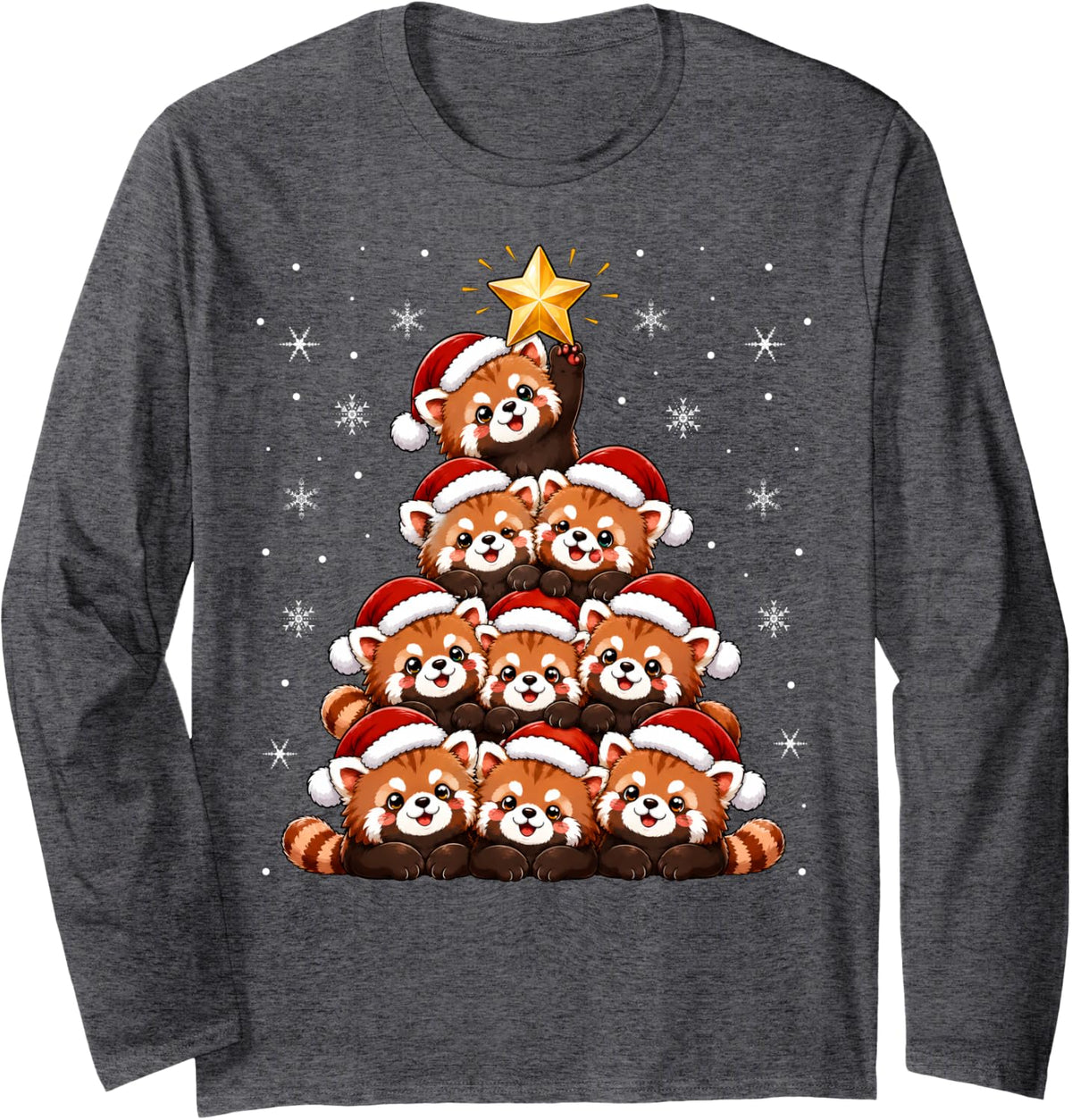Cute Festive Santa Hat Red Panda Christmas Tree Long Sleeve T-Shirt - Adult Unisex Dark Heather Grey