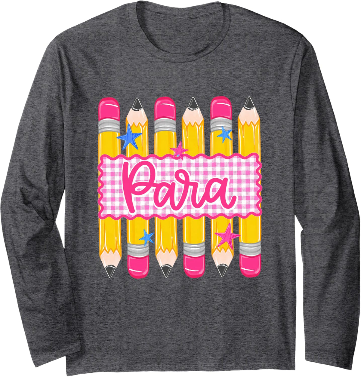 Women Paraprofessional Pink Gingham Pencil Back to School Long Sleeve T-Shirt - Adult Unisex Dark Heather Grey