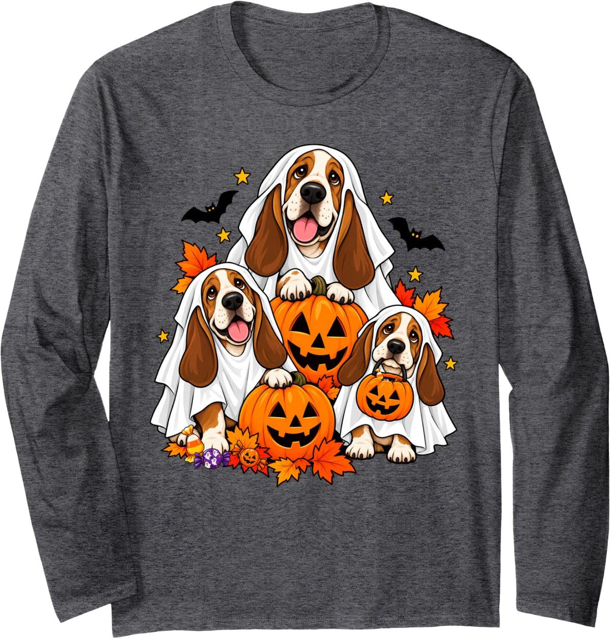 Cute Ghost Basset Hound Dogs and Pumpkins Halloween Long Sleeve T-Shirt - Adult Unisex Dark Heather Grey