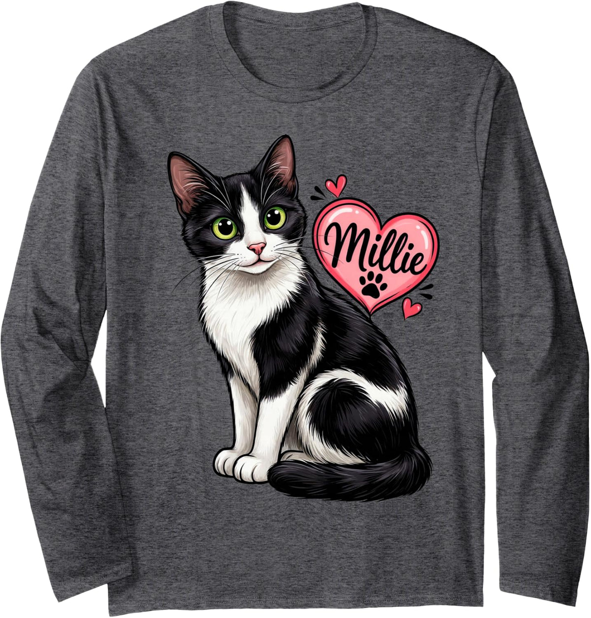 Tuxedo Cat Millie Long Sleeve T-Shirt - Adult Unisex Dark Heather Grey