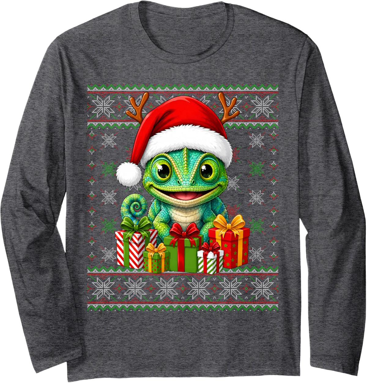 Chameleon Xmas Ugly Sweaters Santa Chameleon Christmas Long Sleeve T-Shirt - Adult Unisex Dark Heather Grey