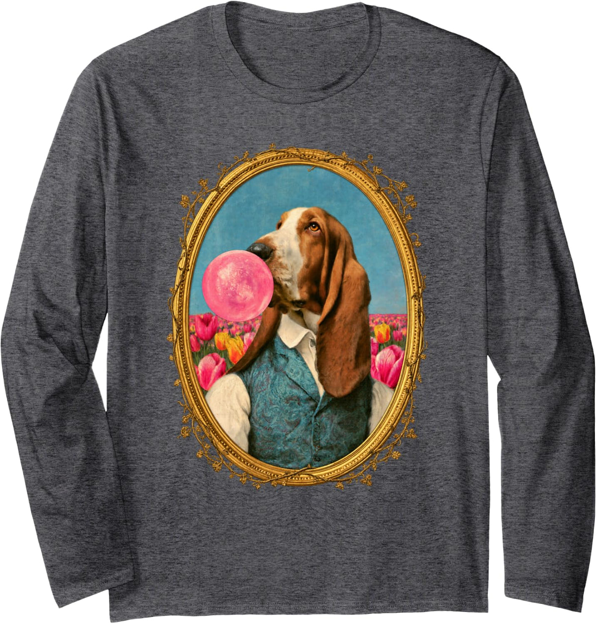 Basset Hound Blowing Bubble Gum Funny Vintage Dog Portrait Long Sleeve T-Shirt - Adult Unisex Dark Heather Grey