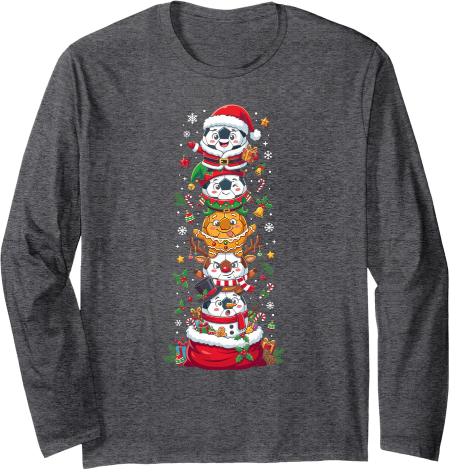 Funny Christmas Soccer Santa Elf Snowman Womens Mens Kids Long Sleeve T-Shirt - Adult Unisex Dark Heather Grey