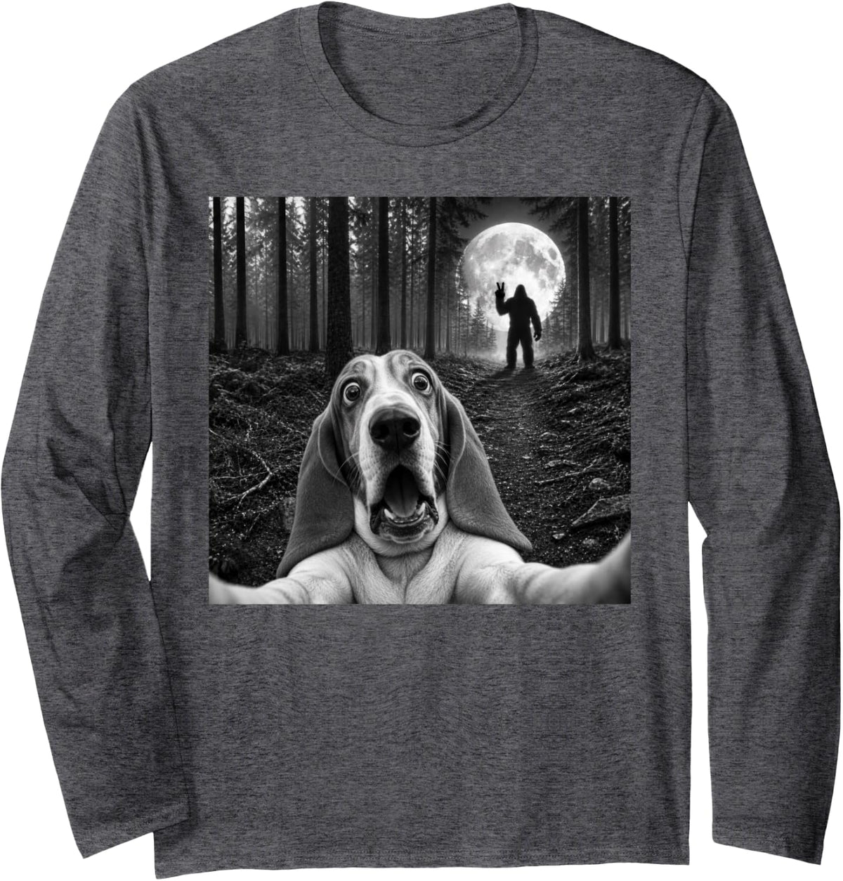 Basset Hound Selfie with Bigfoot Peace Sign Dog Sasquatch Long Sleeve T-Shirt - Adult Unisex Dark Heather Grey
