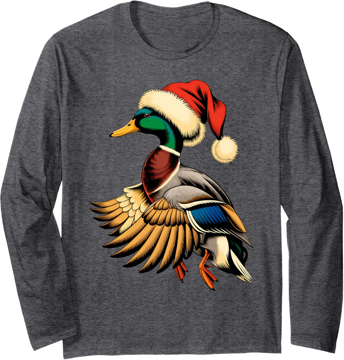 Festive Santa Hat Christmas Duck Hunting Long Sleeve T-Shirt - Adult Unisex Dark Heather Grey