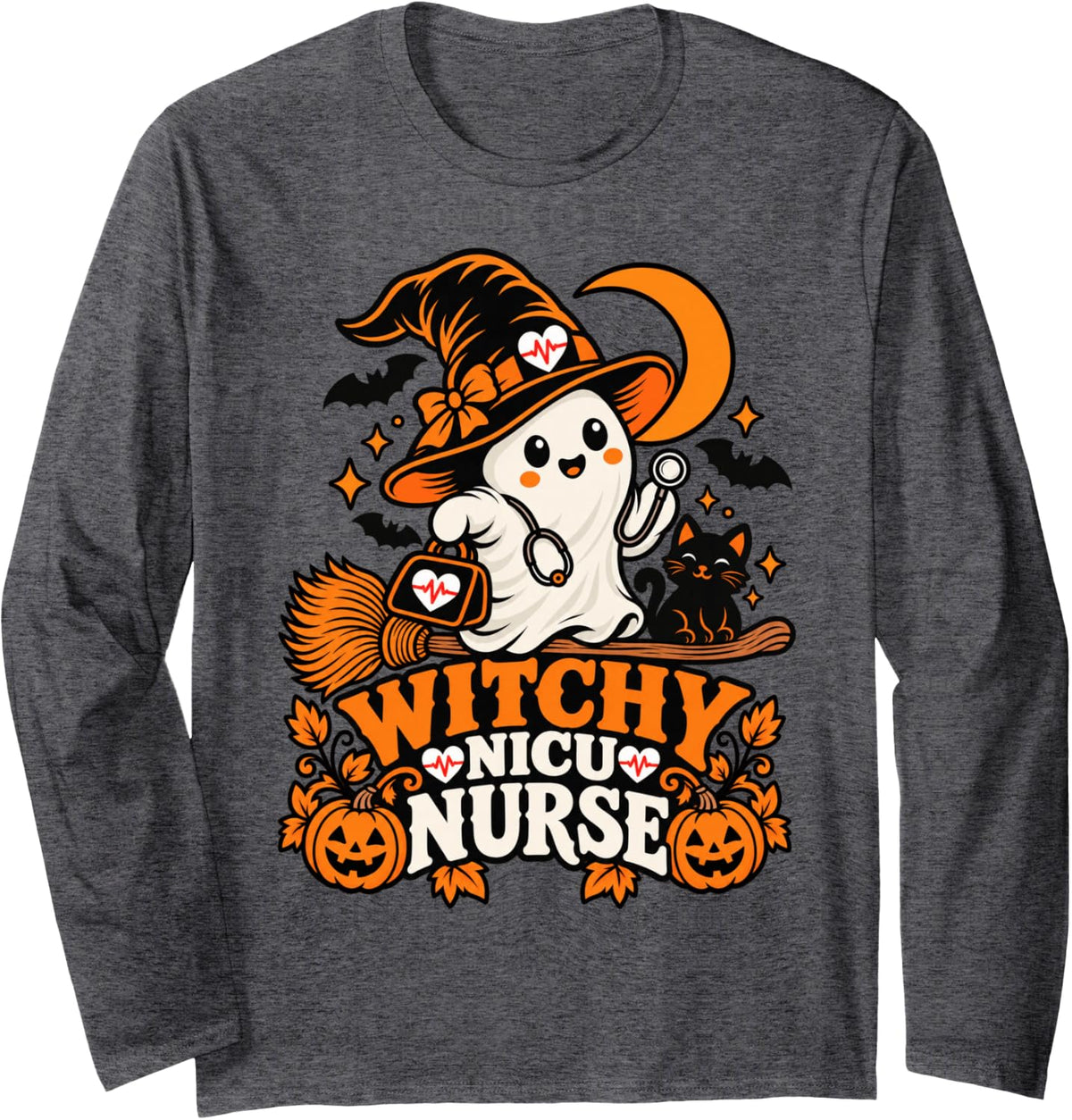 Funny Witchy NICU Nurse Ghost Halloween Long Sleeve T-Shirt - Adult Unisex Dark Heather Grey