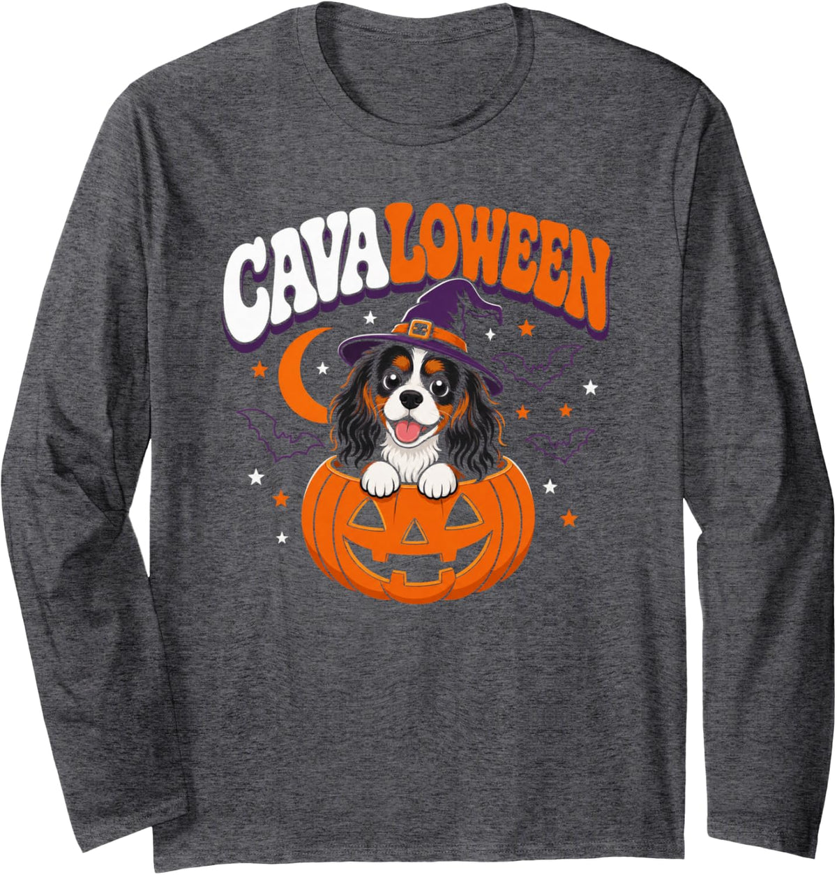 Cavalier King Charles Spaniel Halloween Cavaloween Long Sleeve T-Shirt - Adult Unisex Dark Heather Grey