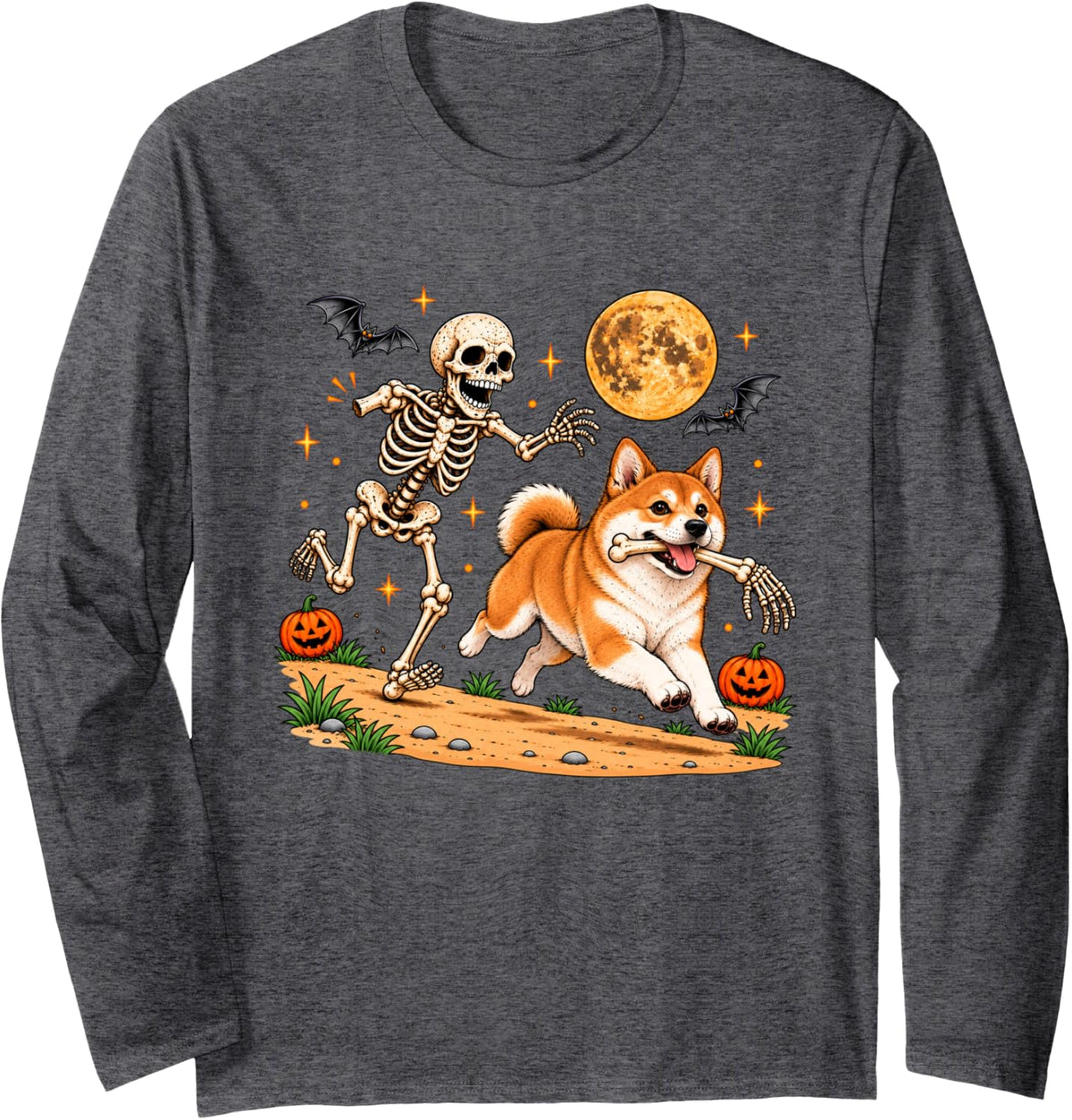 Funny Skeleton Chasing Shiba Inu Halloween Dog Mom Pet Lover Long Sleeve T-Shirt - Adult Unisex Dark Heather Grey