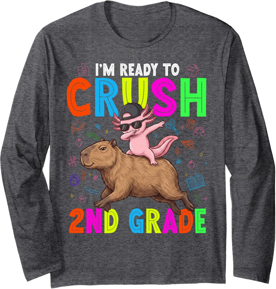 I'm Ready for 2nd Grade Back to School Capybara Axolotl Kids Long Sleeve T-Shirt - Adult Unisex Dark Heather Grey