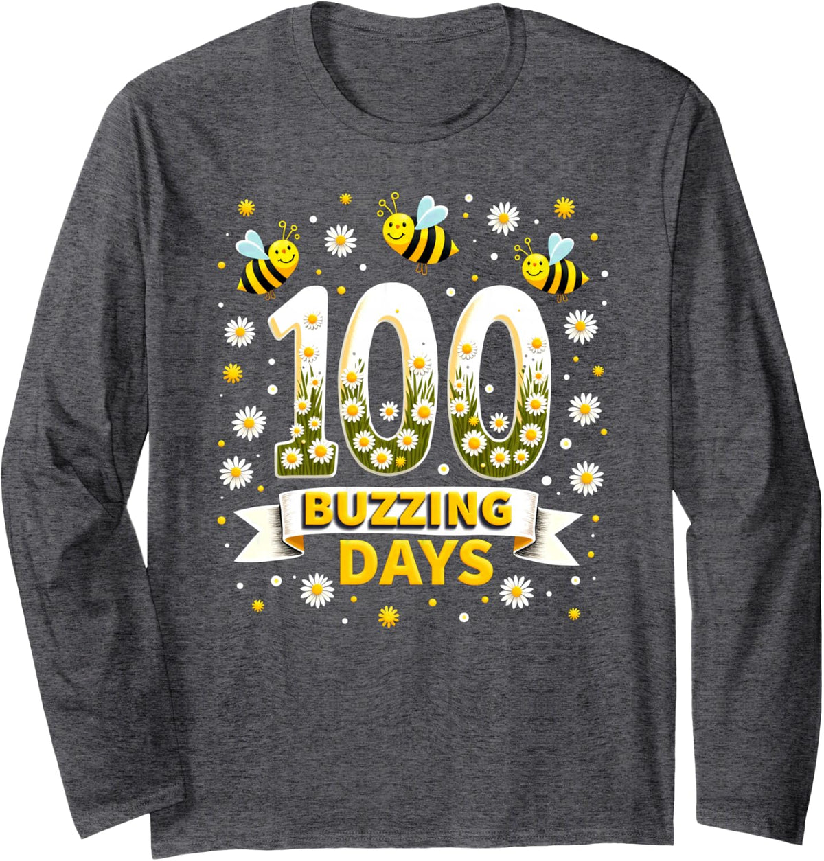 100 Days of School Bees 100 Buzzing Days Long Sleeve T-Shirt - Adult Unisex Dark Heather Grey