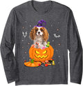 Pumpkin Cavalier King Charles Spaniel Halloween Hat Long Sleeve T-Shirt - Adult Unisex Dark Heather Grey