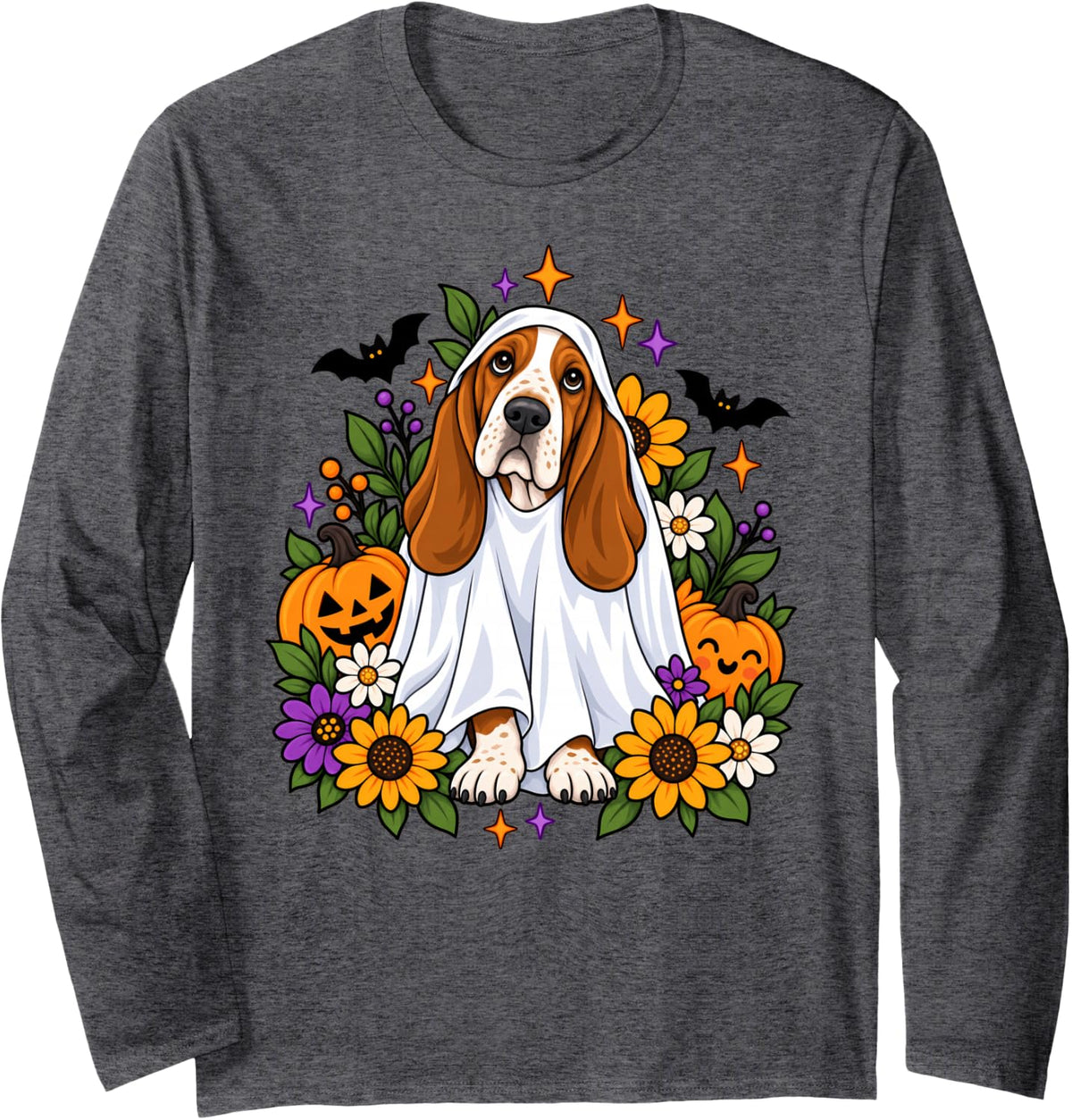 Floral Basset Hound Ghost Halloween Costume for Dog Lovers Long Sleeve T-Shirt - Adult Unisex Dark Heather Grey