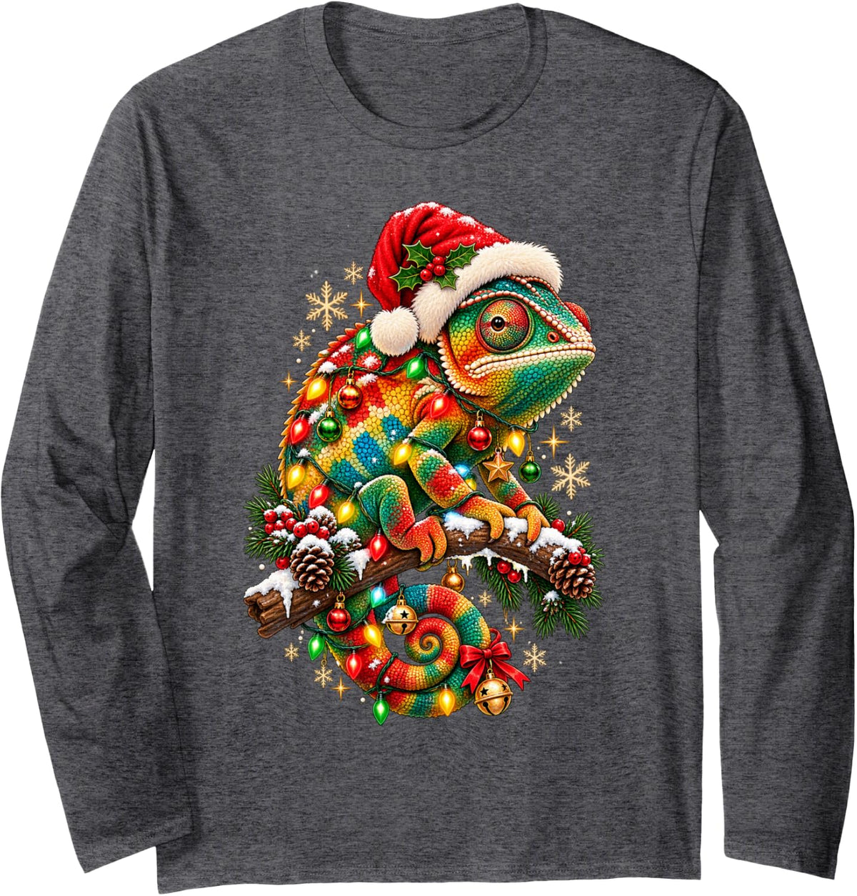 Chameleon Christmas Funny Santa Chameleoin in Xmas Lights Long Sleeve T-Shirt - Adult Unisex Dark Heather Grey