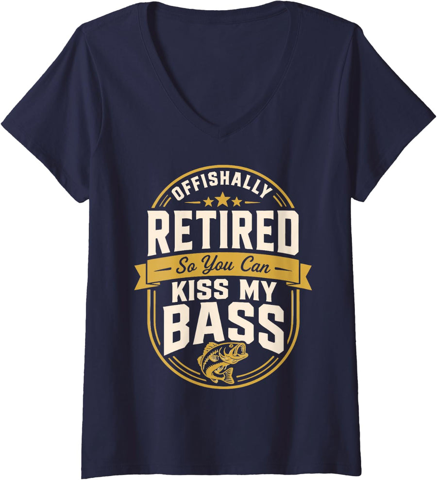 Women's Grandpa Bass Fishing Retired Bass Angler V-Neck T-Shirt - Navy Blue