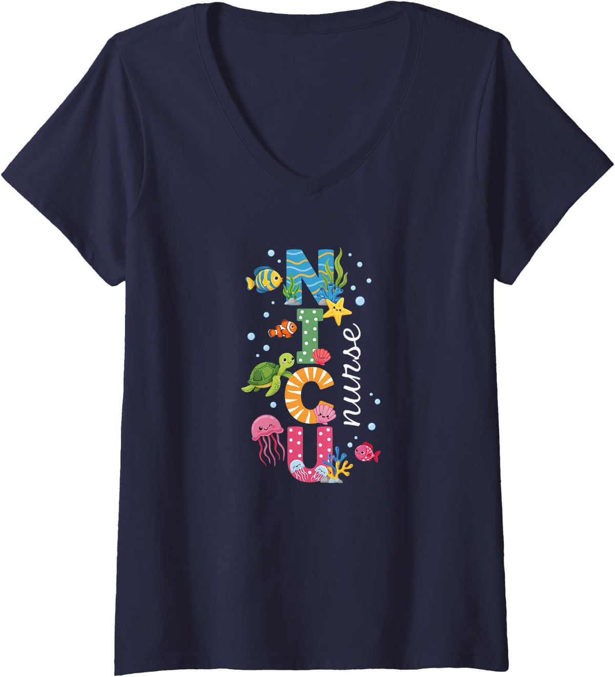 Women's NICU Nurse Cute Ocean Sea Neonatal Intensive Care Unit V-Neck T-Shirt - Navy Blue
