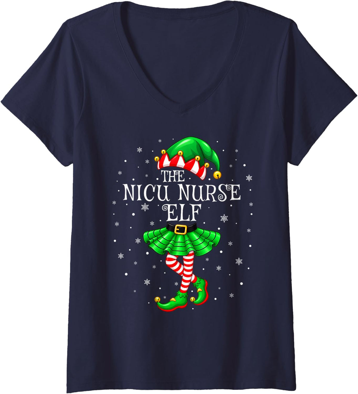 Women's NICU Nurse Elf Christmas Family Matching Pajamas Elf Squad V-Neck T-Shirt - Navy Blue