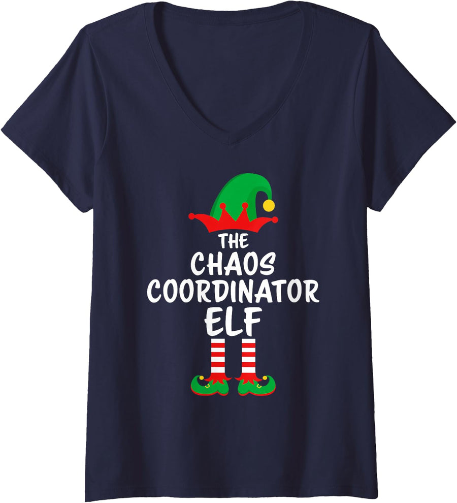 Women's The Chaos Coordinator Elf Matching Family Christmas V-Neck T-Shirt - Navy Blue