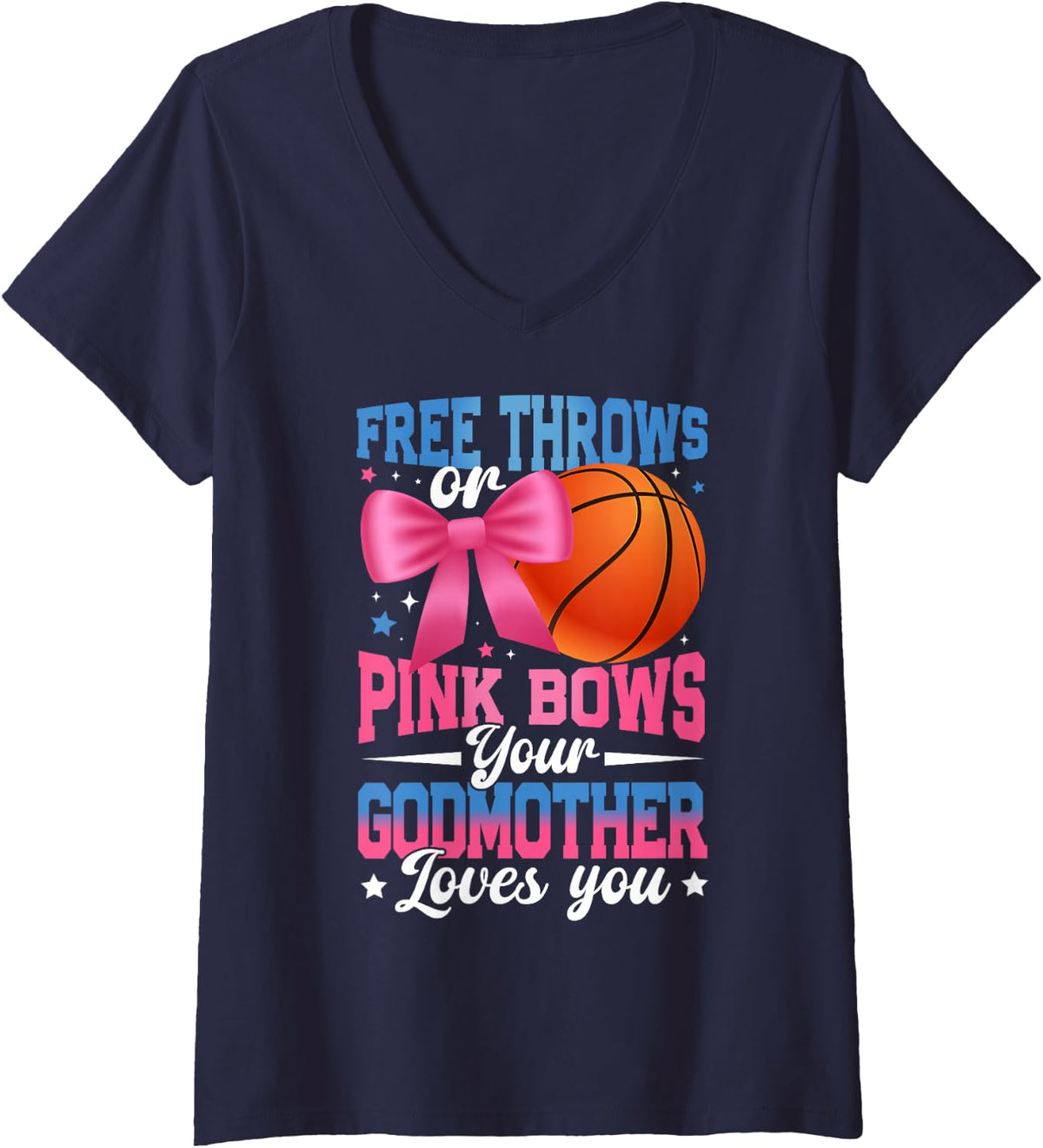 Women's Free Throws or Pink Bows Godmother Loves You Gender Reveal V-Neck T-Shirt - Navy Blue