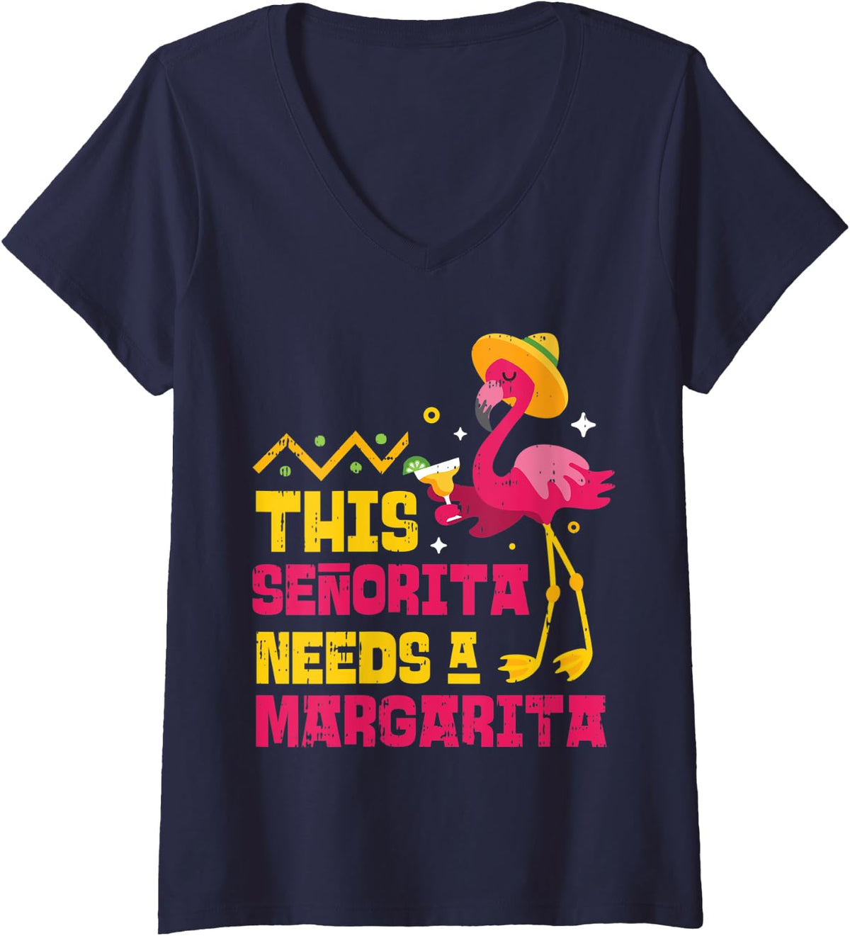 Womens Flamingo Senorita Margarita Funny Mexican Cinco De Mayo 2020 V-Neck T-Shirt - Navy Blue
