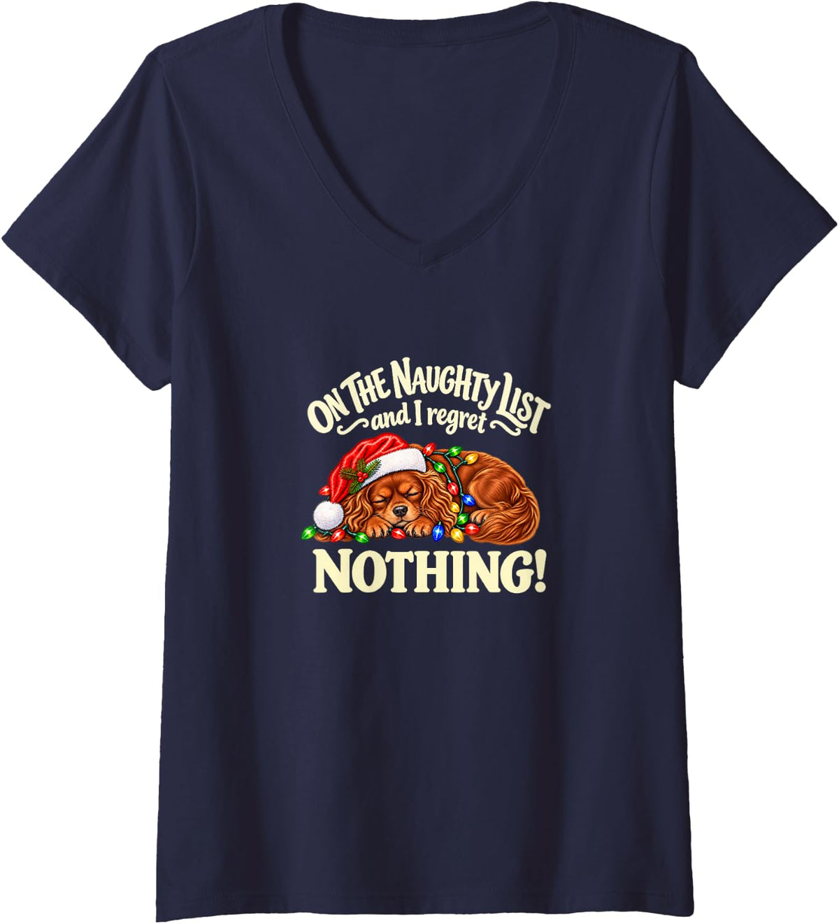 Women's Santa's Naughty List Ruby Cavalier King Charles Spaniel Dog V-Neck T-Shirt - Navy Blue