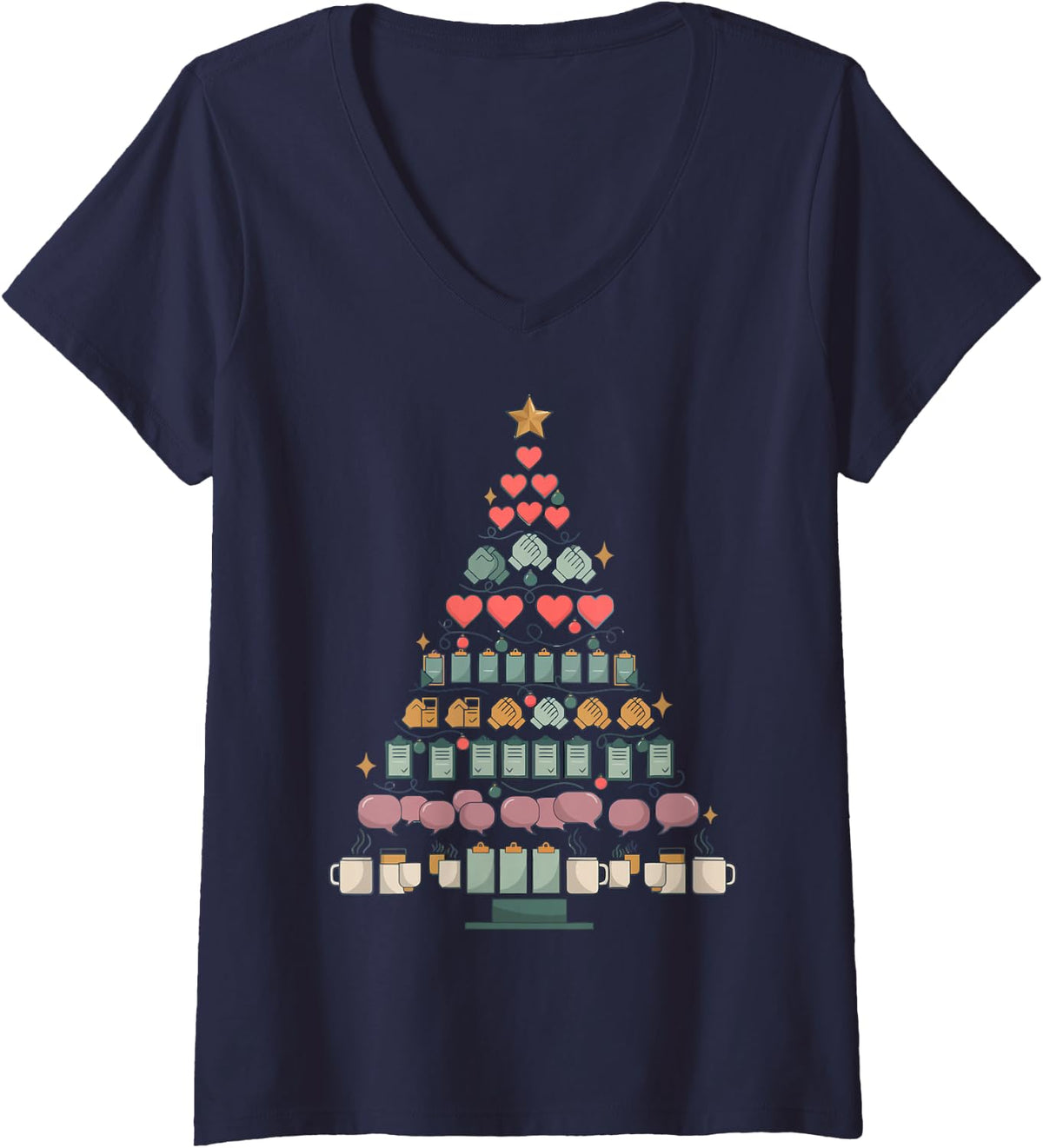 Women's Social Worker Christmas Tree V-Neck T-Shirt - Navy Blue