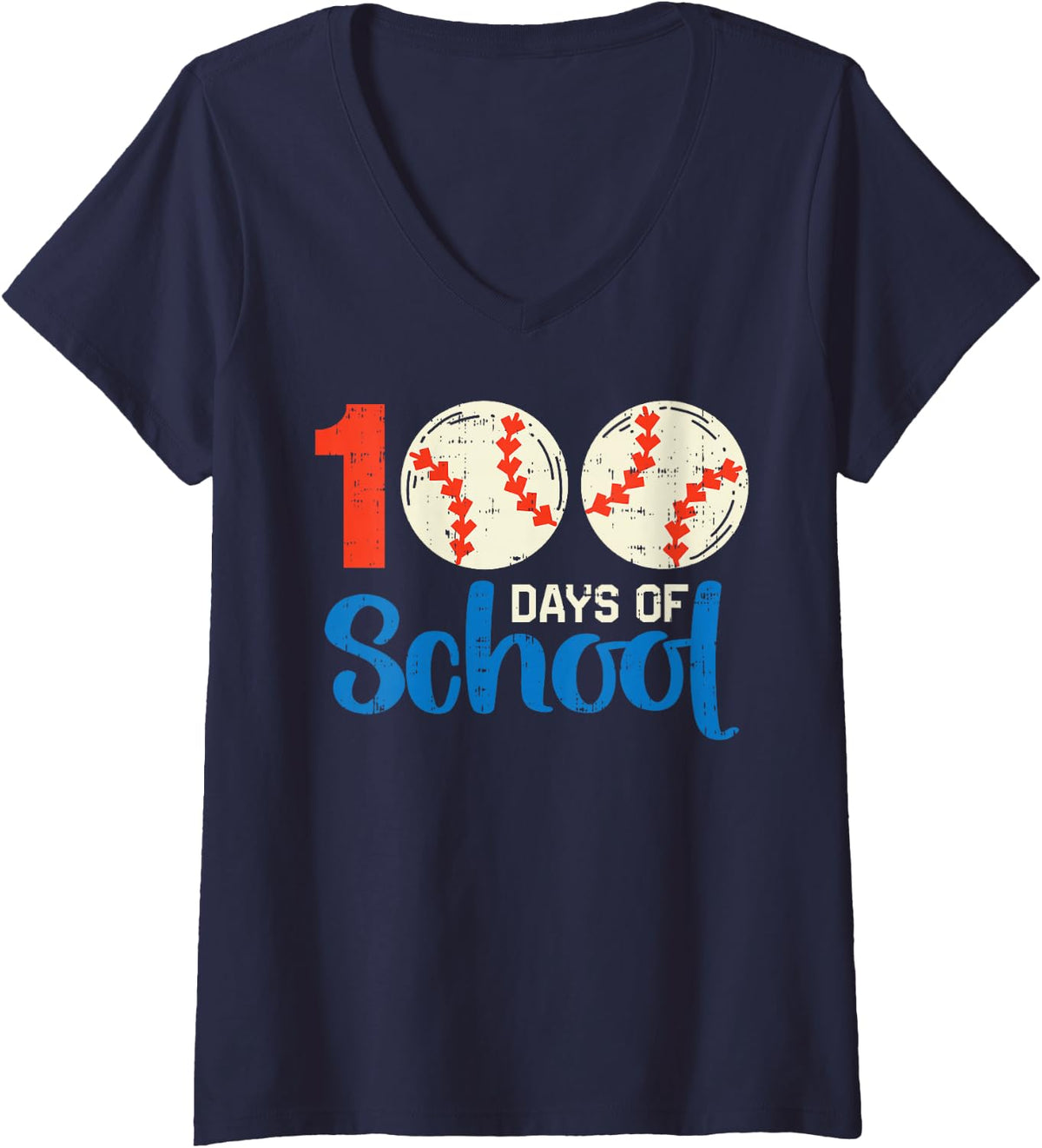 Women's 100 Days School Baseball Softball 100th Day Sport Boy Girl V-Neck T-Shirt - Navy Blue