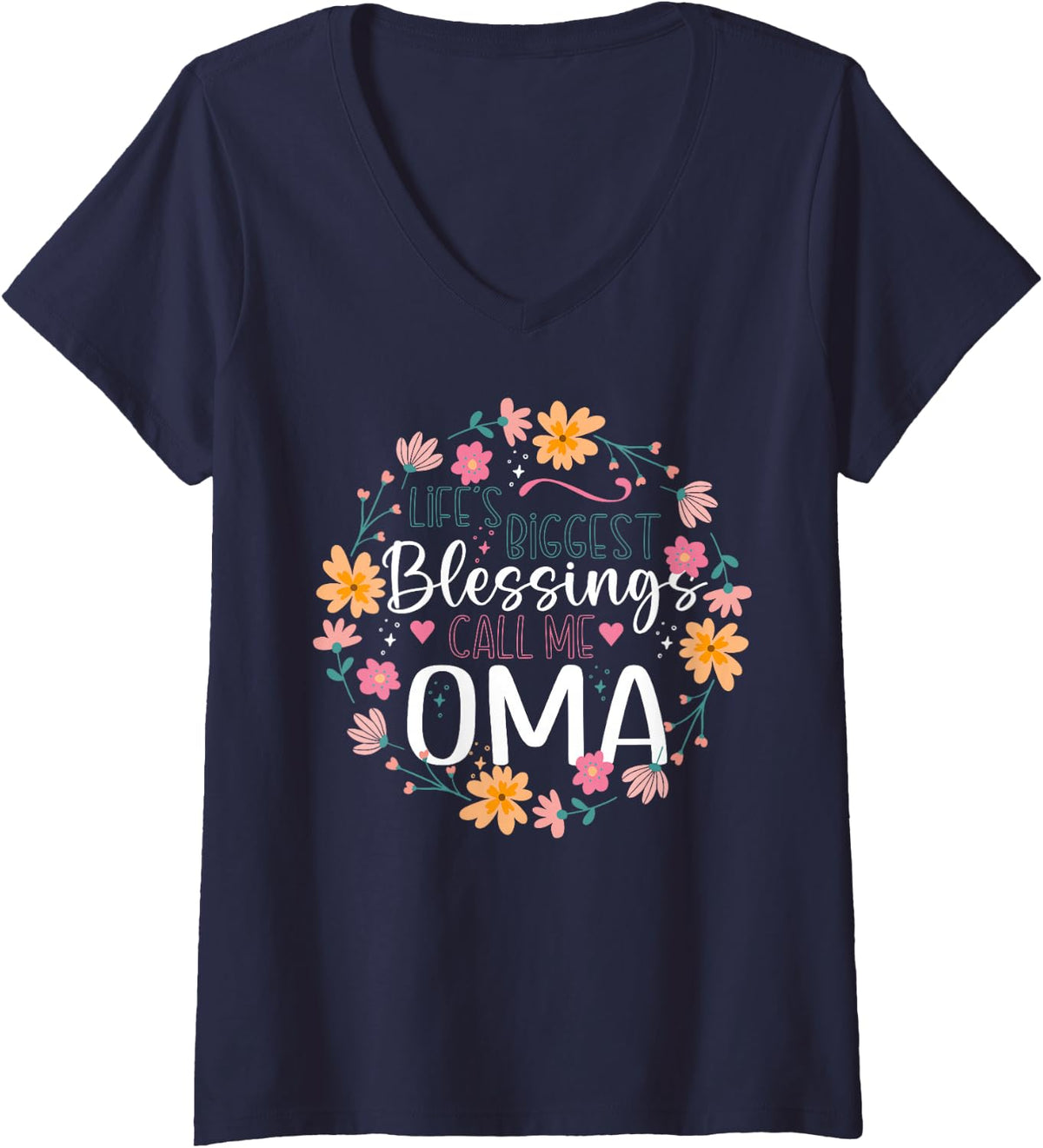 Women's Life's Biggest Blessings Call Me Oma Floral Grandma V-Neck T-Shirt - Navy Blue