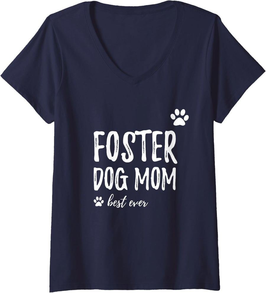 Women's Foster Dog Mom T-Shirt Funny Gift to Rescue and Adopt Dogs V-Neck T-Shirt - Navy Blue