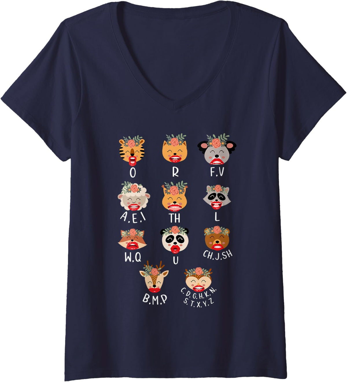 Women's Cute Animal SLP Speech Therapy Speech Language Pathologist V-Neck T-Shirt - Navy Blue