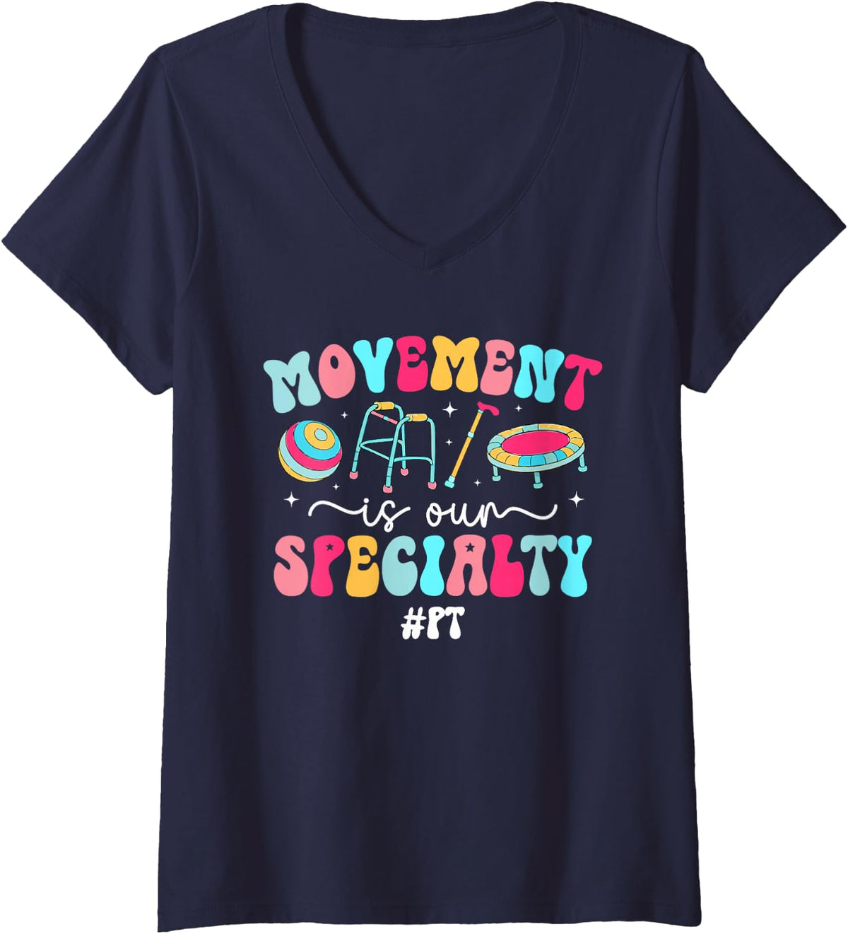 Women's Groovy PT Therapist Physical Therapist Appreciation Month V-Neck T-Shirt - Navy Blue