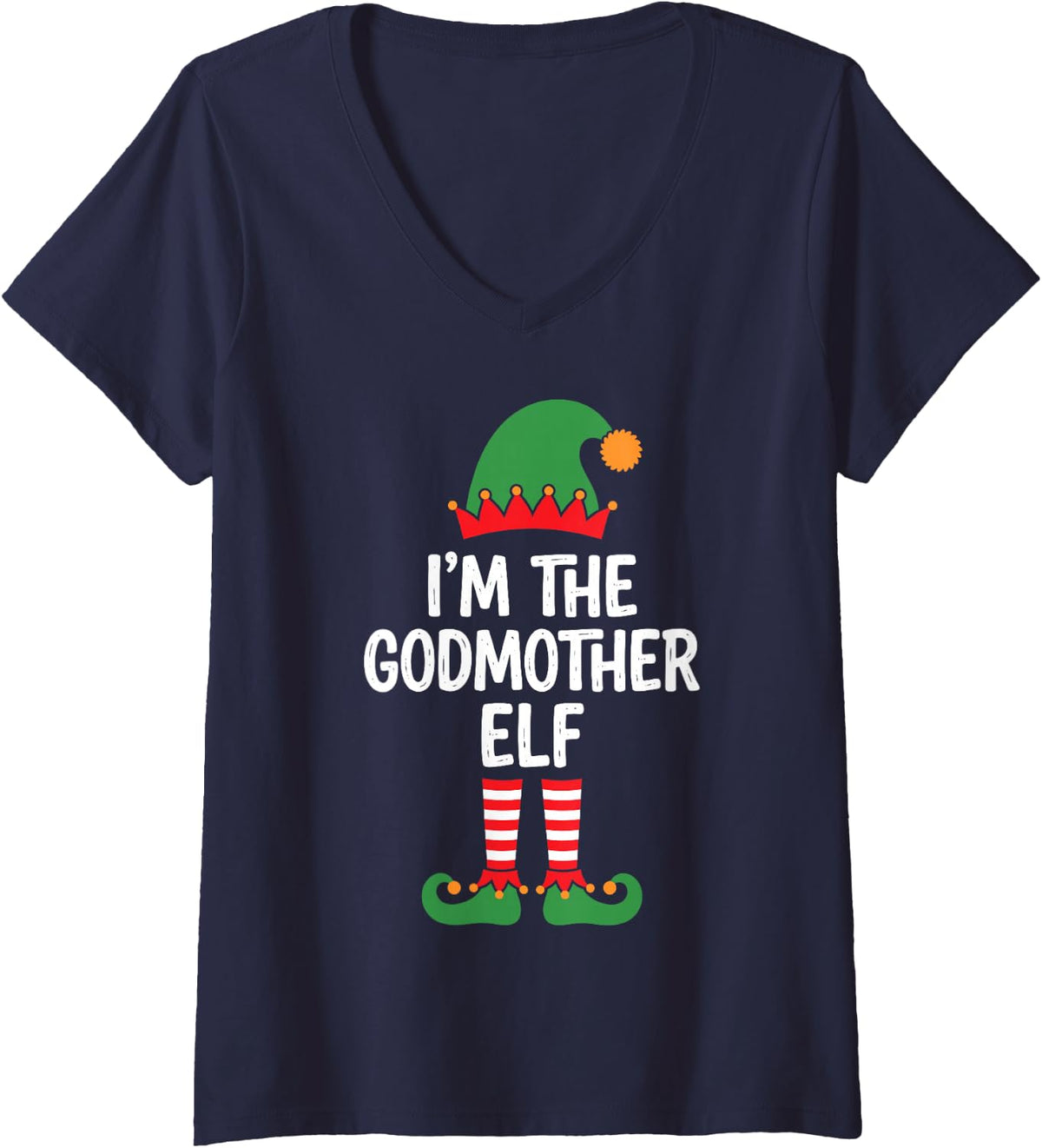 Women's I'm the Godmother Elf Cute Matching Family Christmas Squad V-Neck T-Shirt - Navy Blue