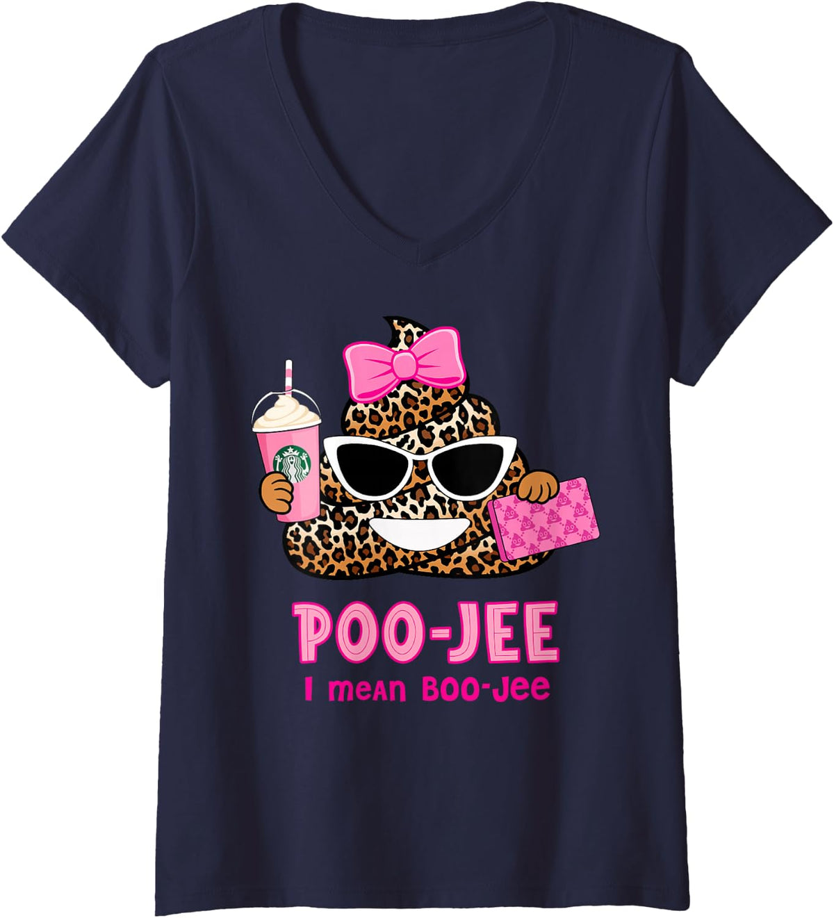 Women's Boogie Leopard Poop Poo-JEE I Mean Boo-JEE Funny Halloween V-Neck T-Shirt - Navy Blue