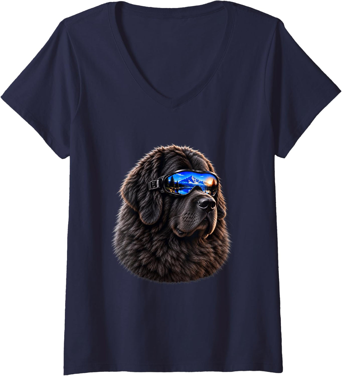 Women's Newfoundland Dog Sunglasses Mountain Newfie V-Neck T-Shirt - Navy Blue