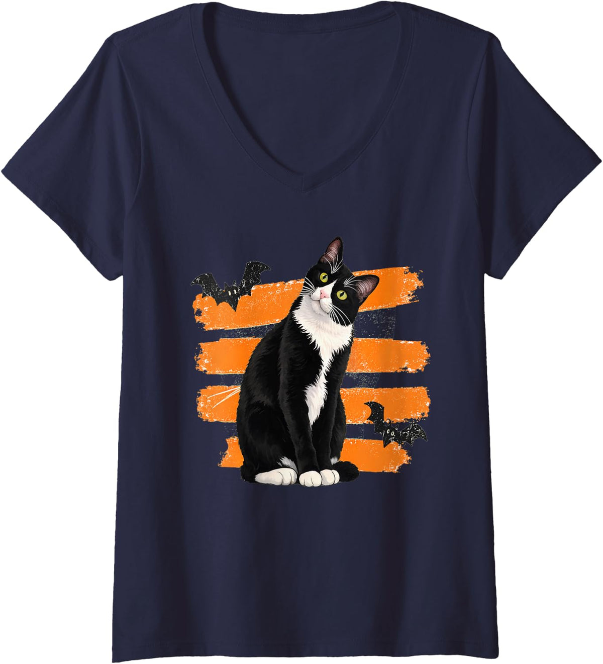 Women's Tuxedo Cat Halloween Bats Orange Stripes Autumn and Fall V-Neck T-Shirt - Navy Blue