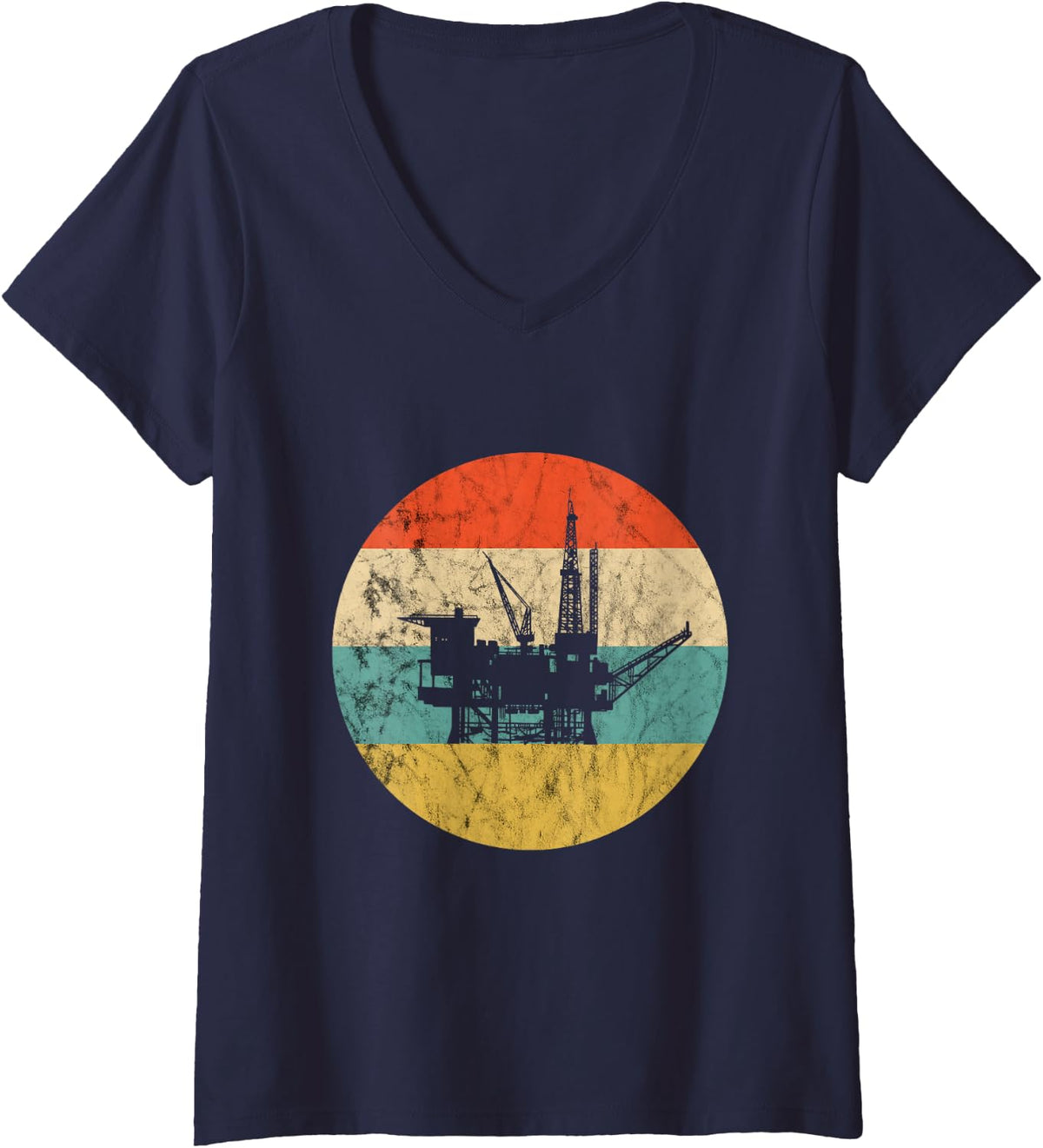 Women's Oil Rig Retro Vintage Oilfield Worker Oildrilling Rig Man V-Neck T-Shirt - Navy Blue