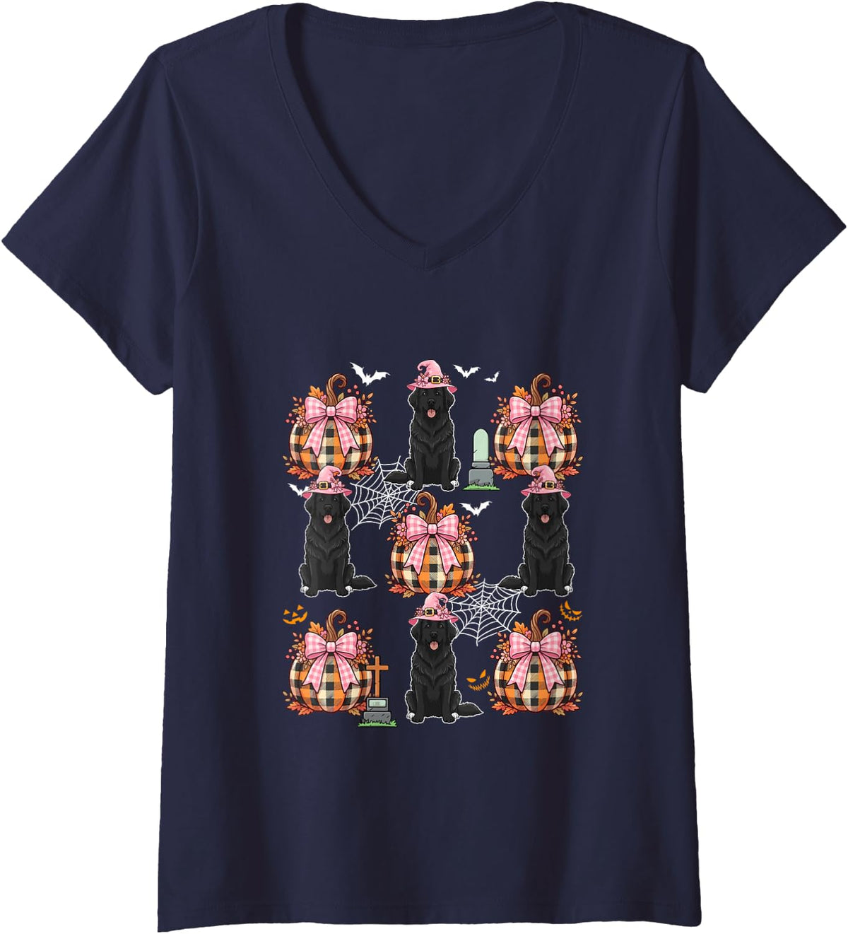Women's Newfoundland As Witch Pumpkin Bow Tie Collection Halloween V-Neck T-Shirt - Navy Blue