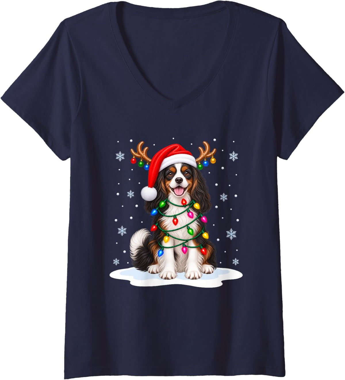 Women's Cavalier King Charles Spaniel Christmas Tree Lights Xmas Dog V-Neck T-Shirt - Navy Blue