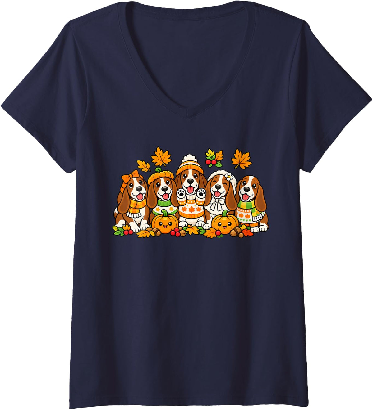 Women's Cute Basset Hound Dog Pumpkin Coffee Fall Autumn Halloween V-Neck T-Shirt - Navy Blue