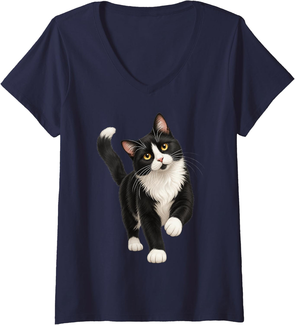 Women's Tuxedo Cat Portrait Black and White Feline V-Neck T-Shirt - Navy Blue